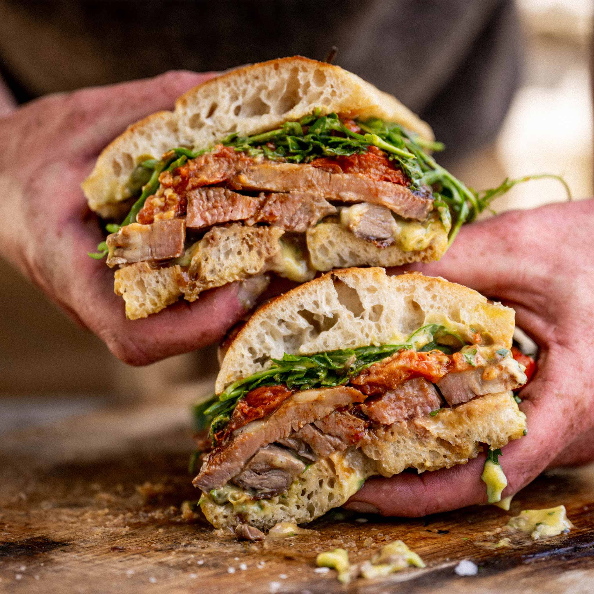 Roast Lamb and tomato sandwich with anchovy and caper mayonnaise