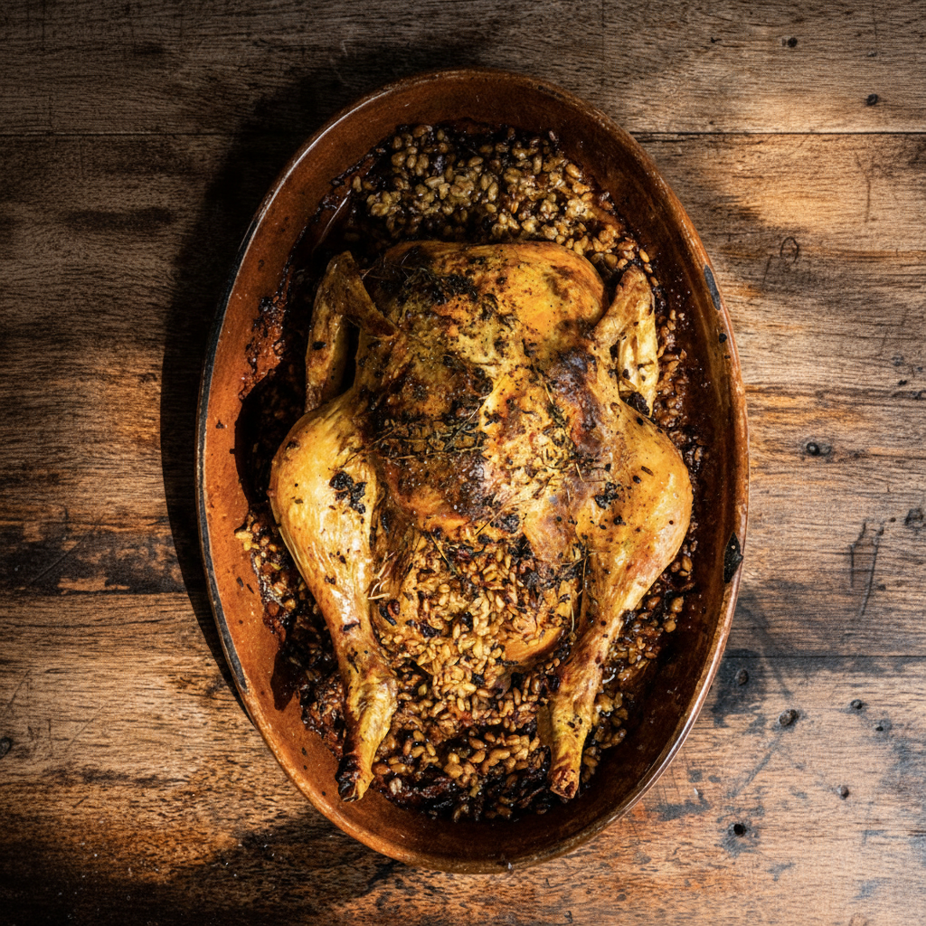 Chicken stuffed with ceps & spelt
