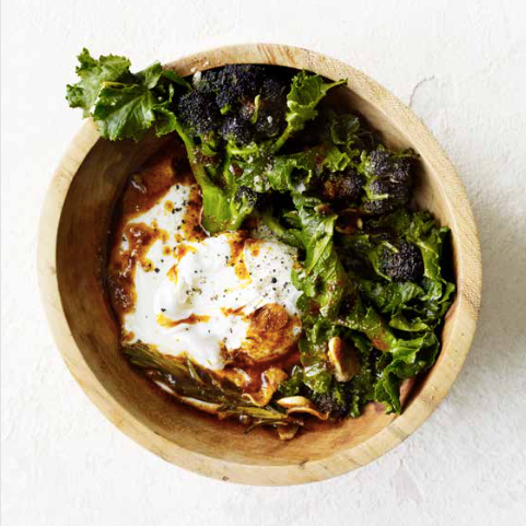 Purple sprouting broccoli with smoked paprika, yoghurt & eggs