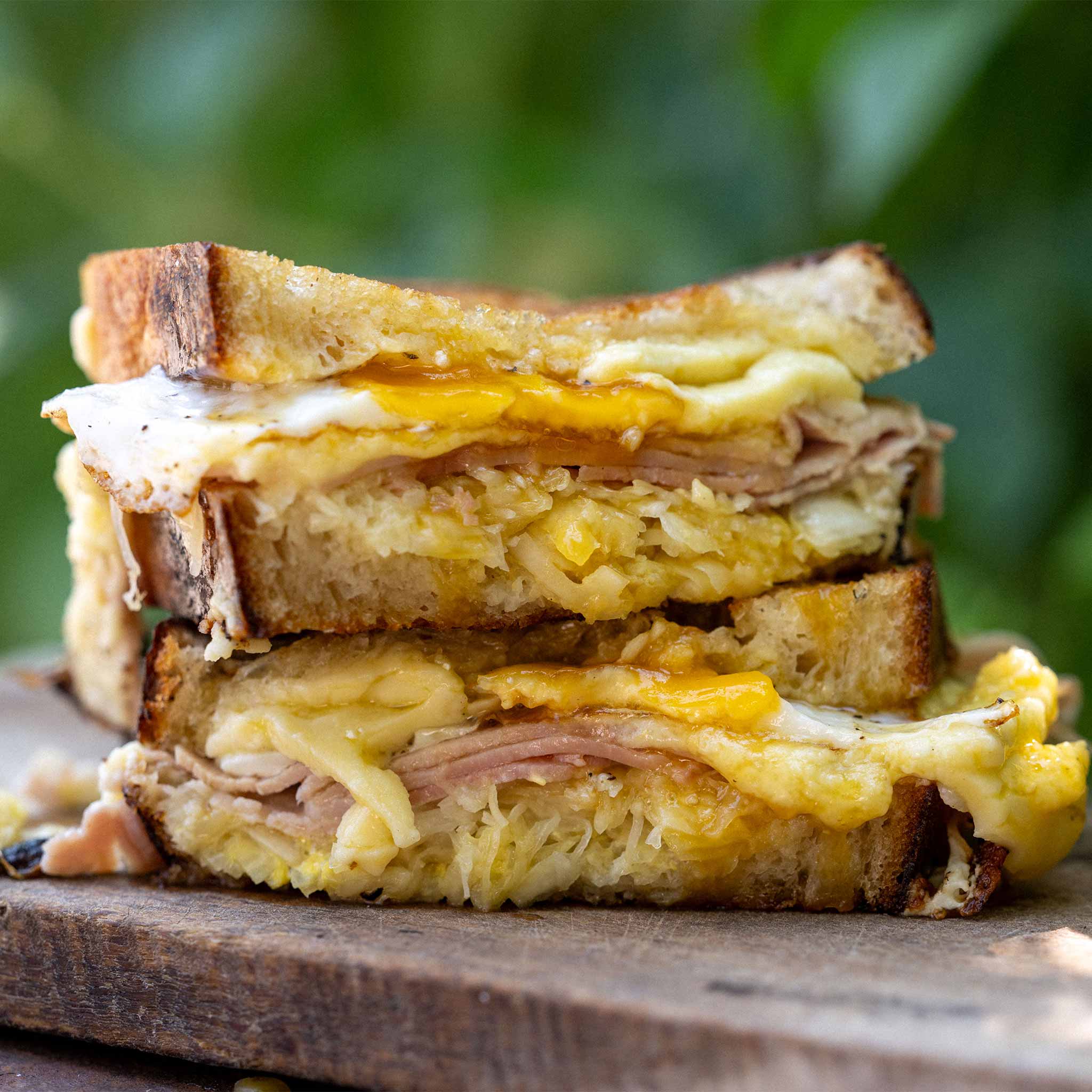 Ham, fried egg, cheddar and sauerkraut toastie