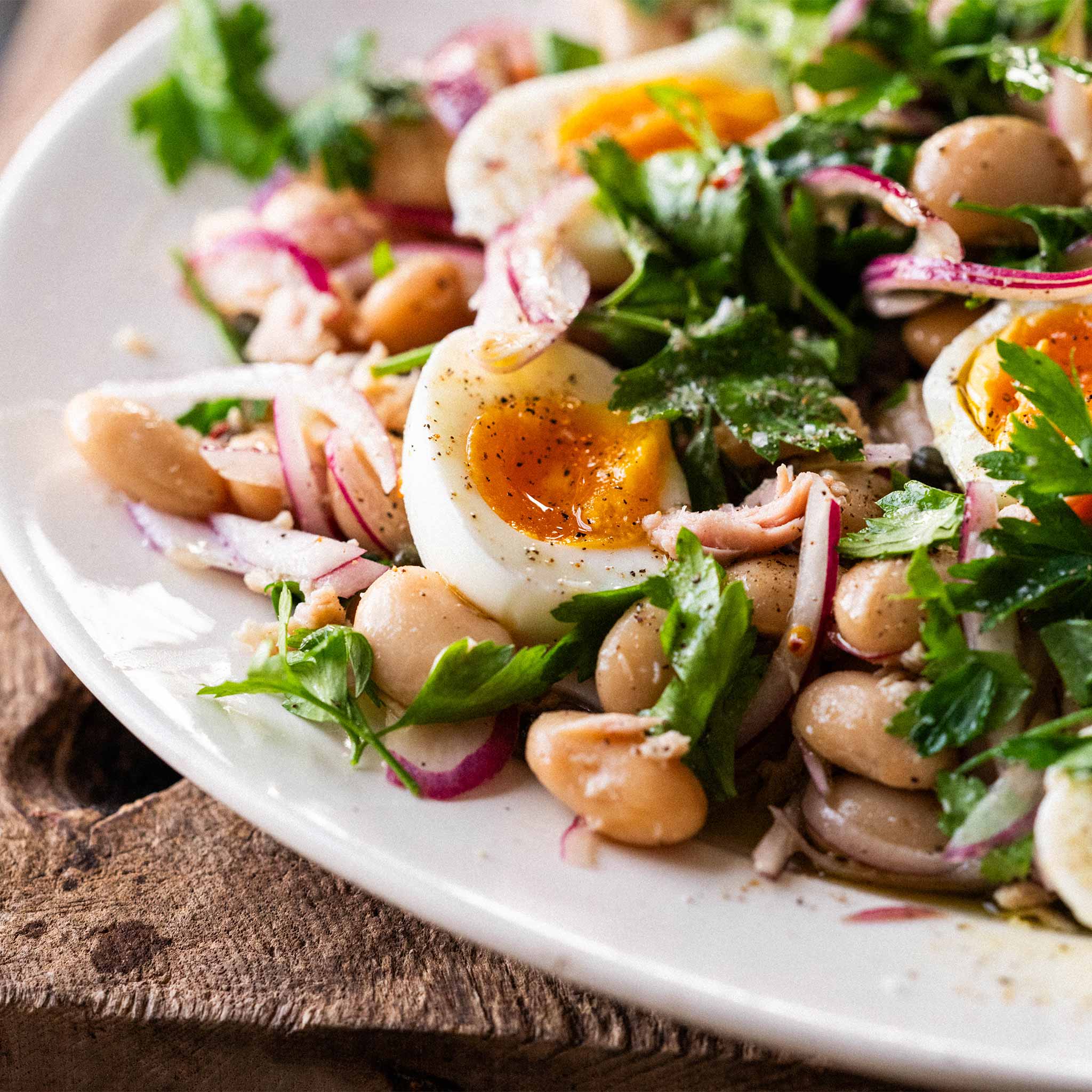 Butterbean, red onion, tuna, egg and parsley salad