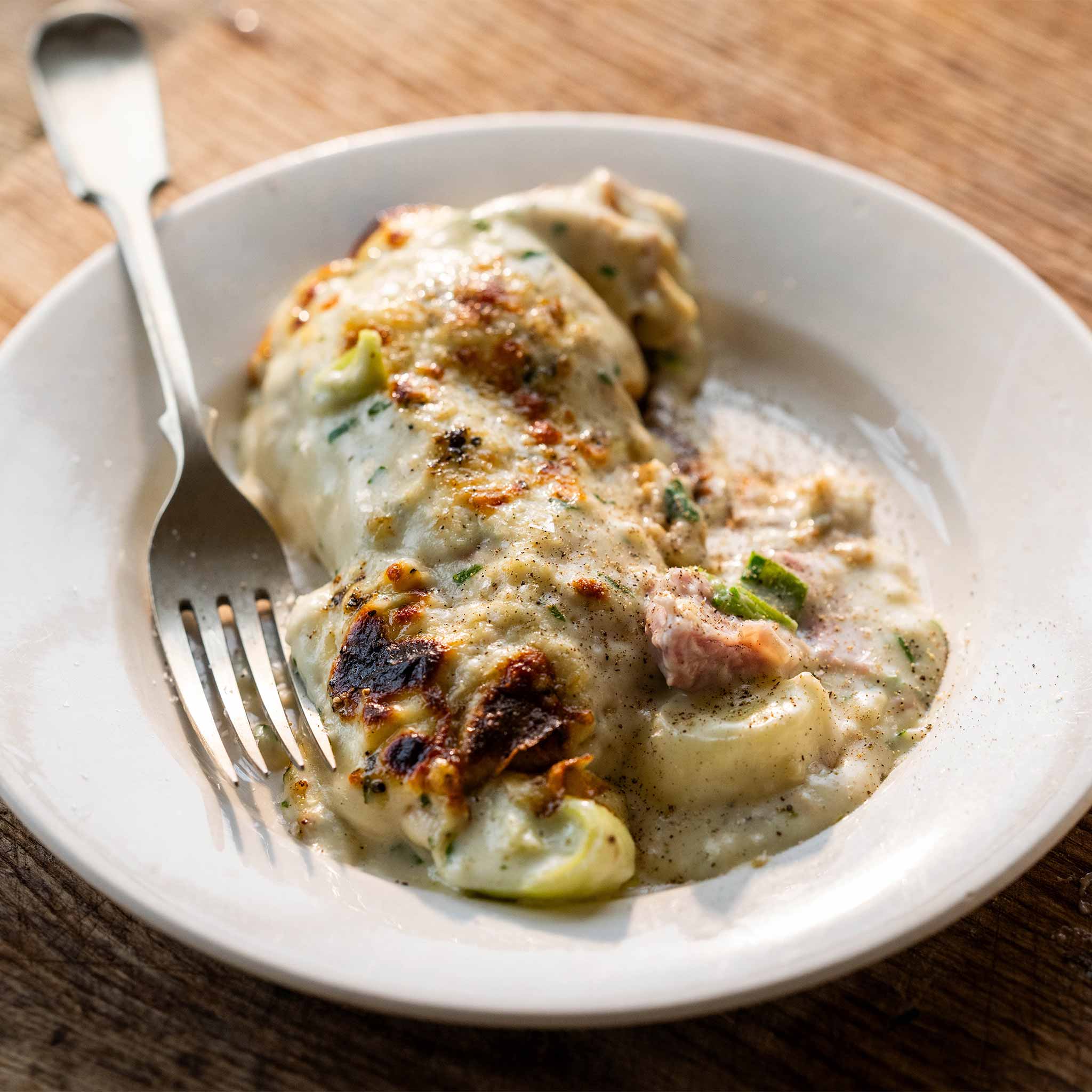 Ham, leek and blue cheese pancakes