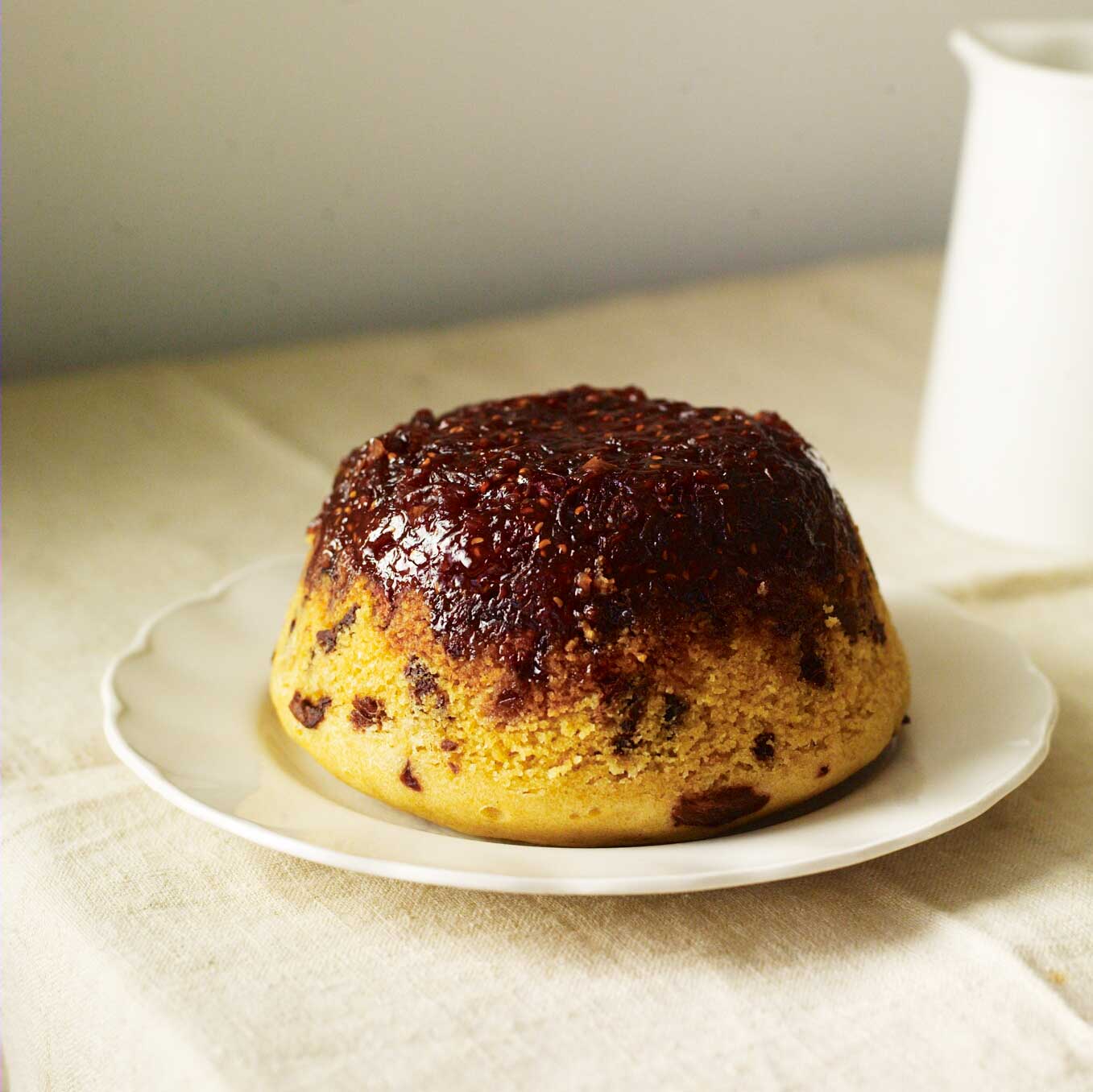 Steamed raspberry jam & rose-petal pudding