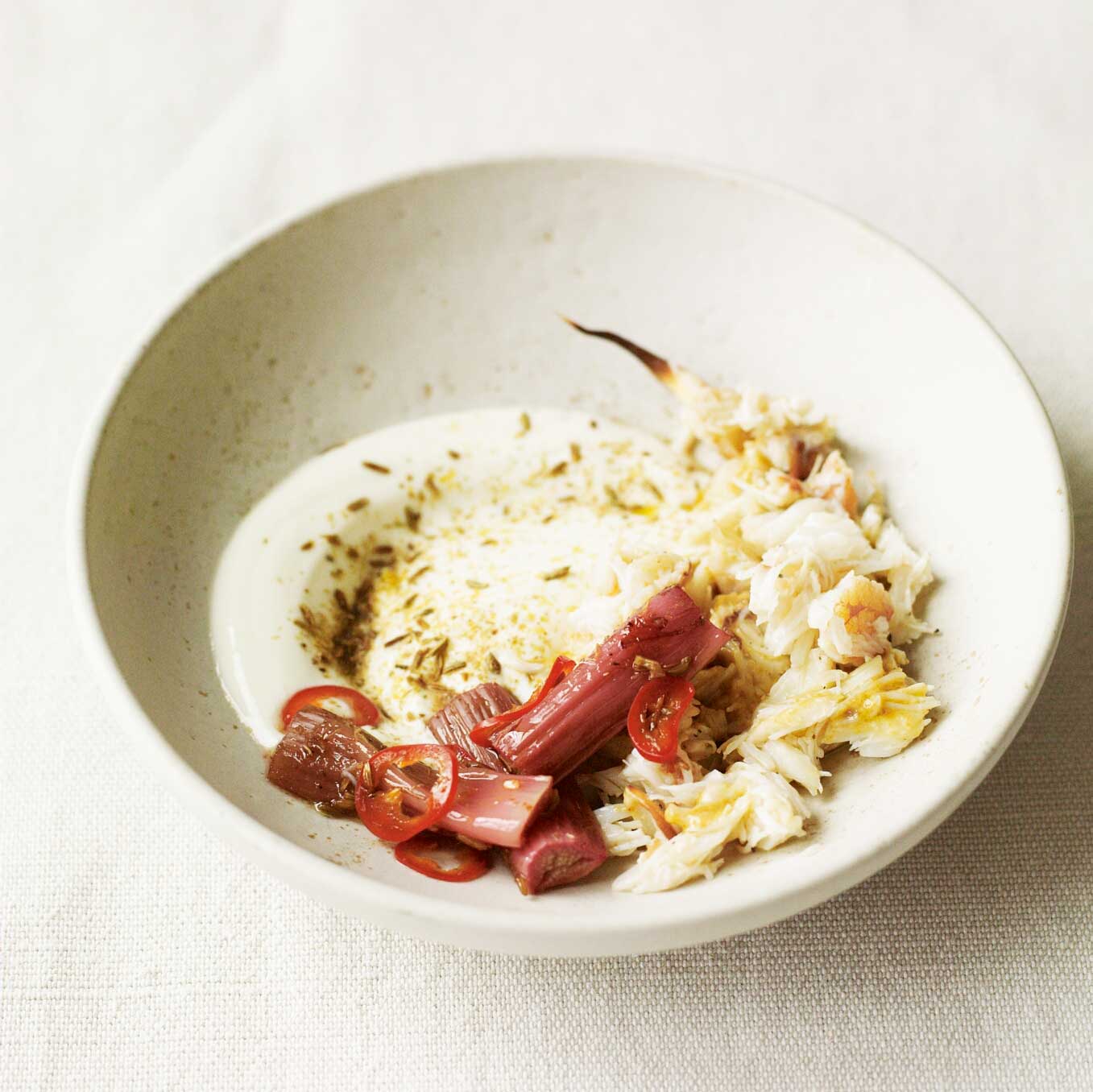 Crab with rhubarb, chilli, yoghurt & fennel seed