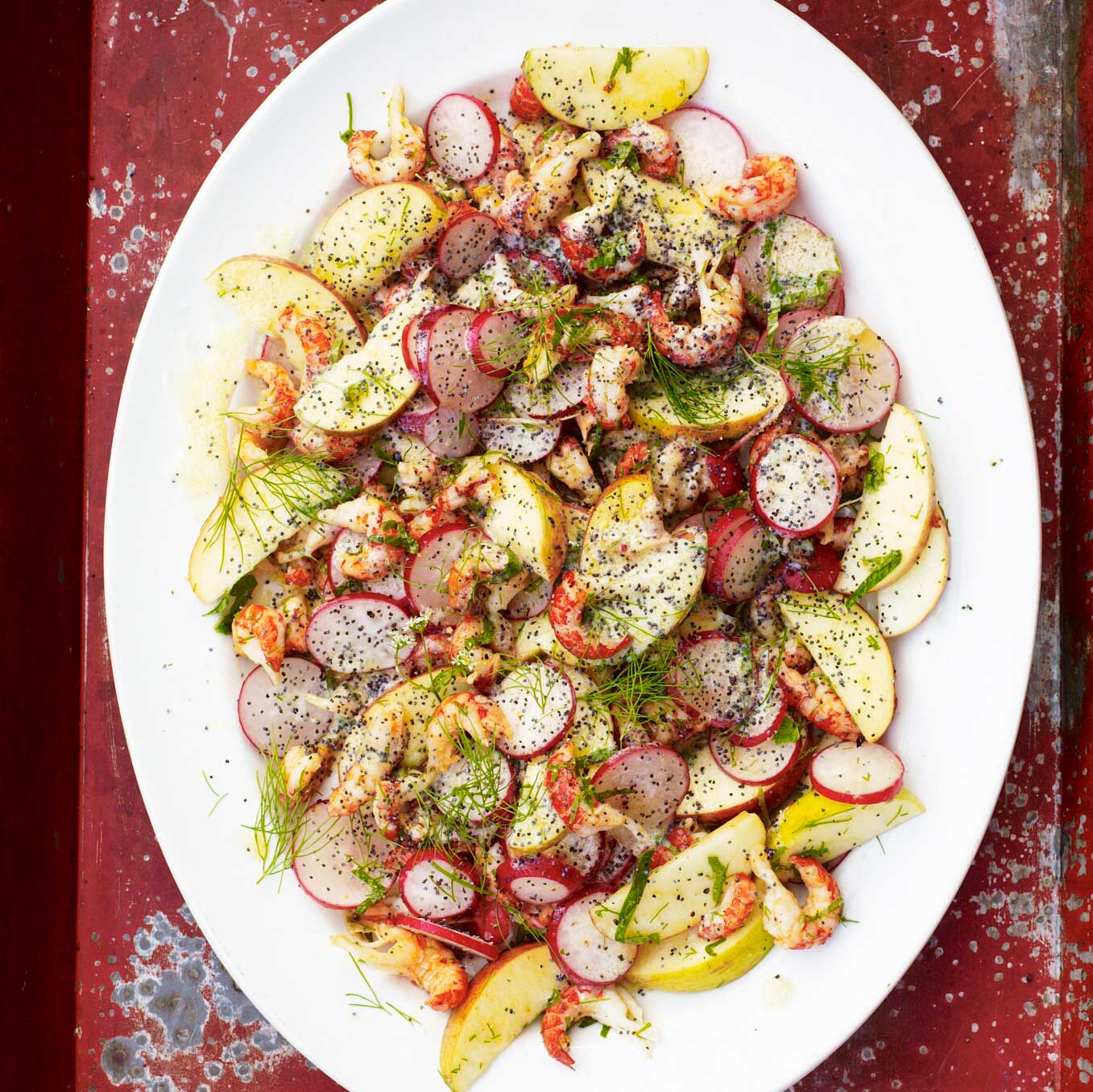 Crayfish salad with radishes, apple, poppy seeds & soured cream