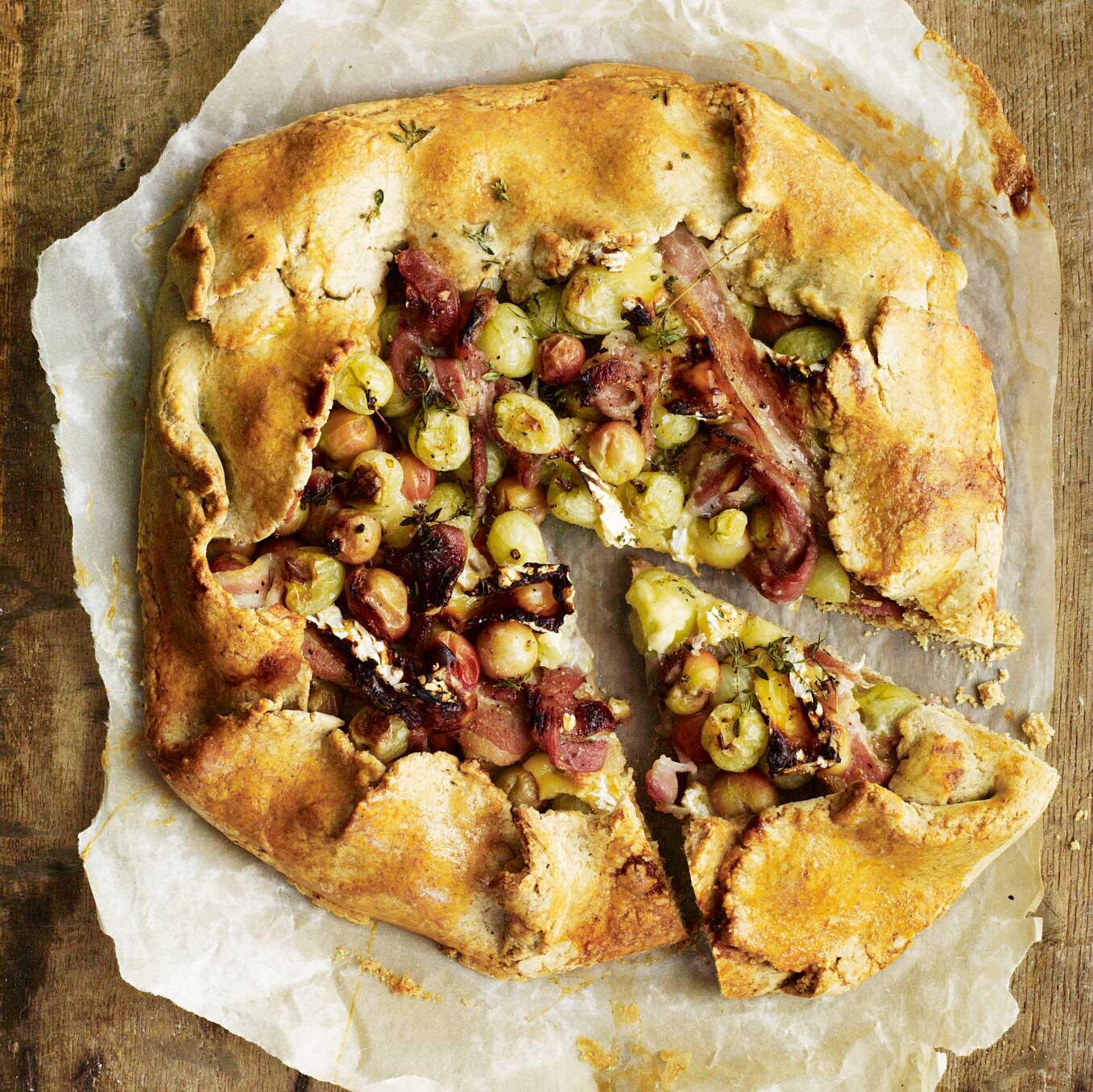 Gooseberry, bacon & camembert rough-edged tart