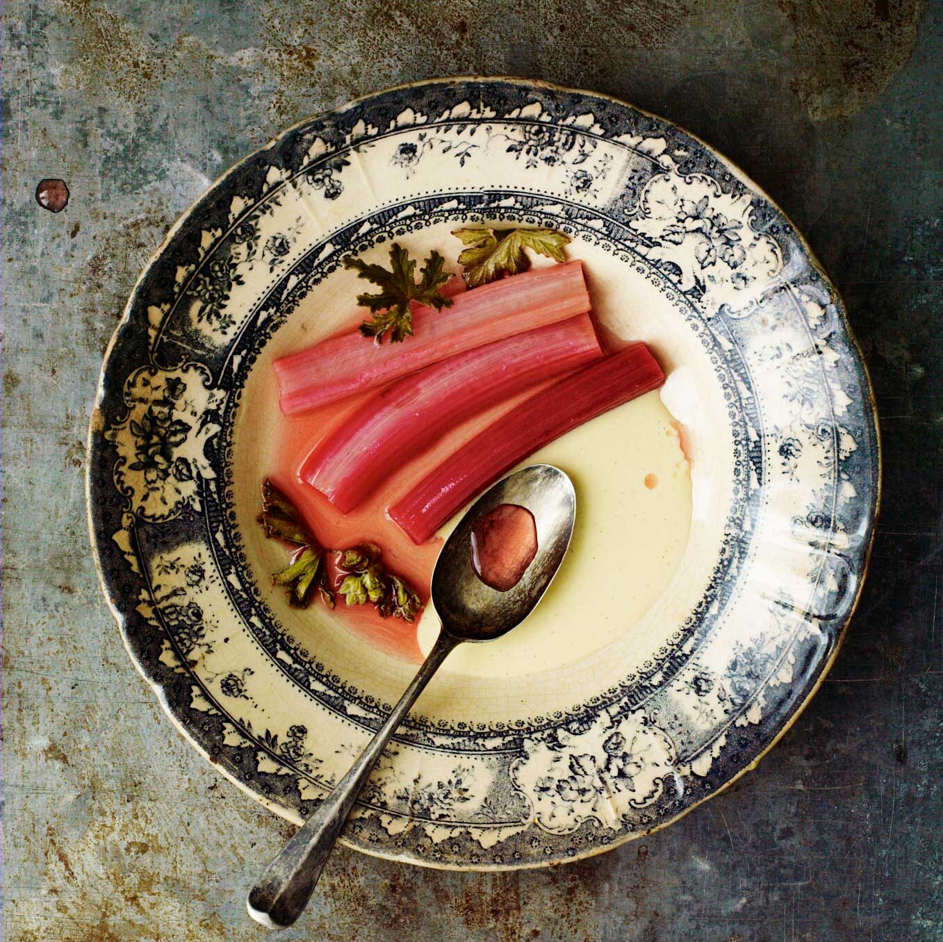 Rhubarb cooked with rose geranium leaves