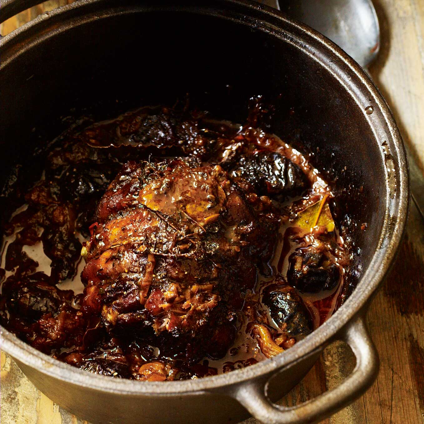 Slow-roast goat with honey, saffron, prunes & preserved lemon