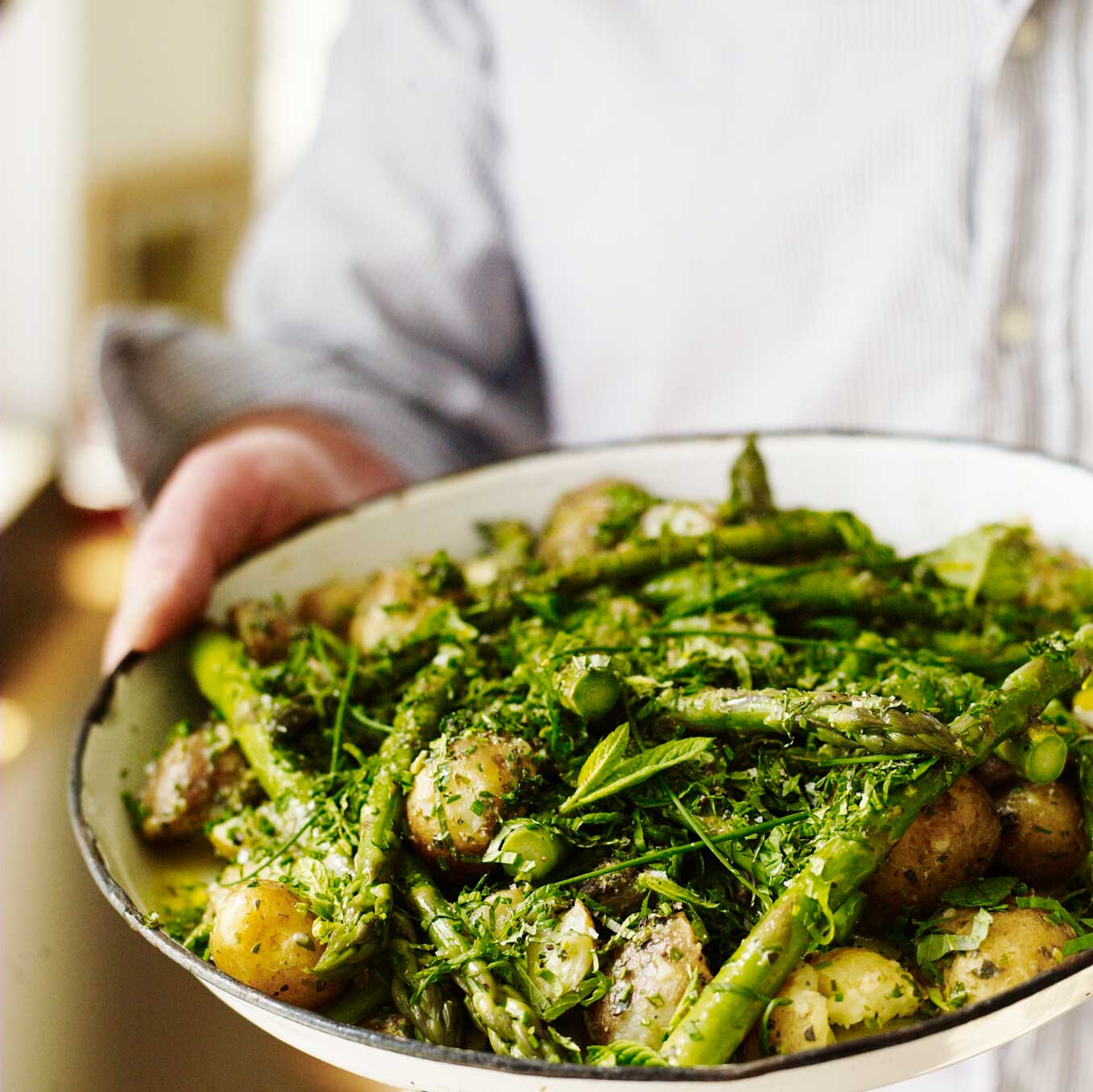 New potatoes & asparagus in butter & herbs