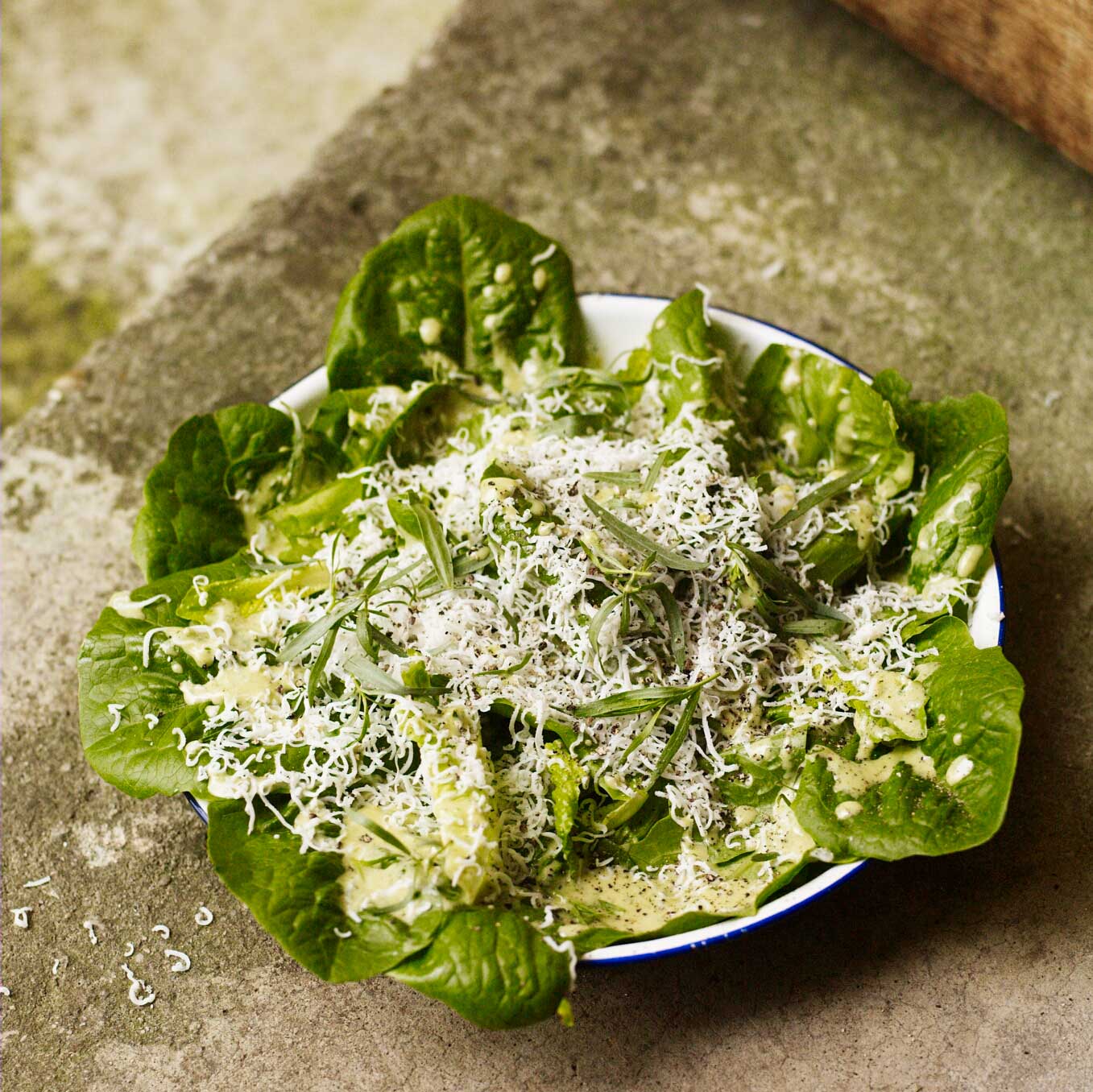 Cos lettuces with tarragon dressing & hard goat’s cheese