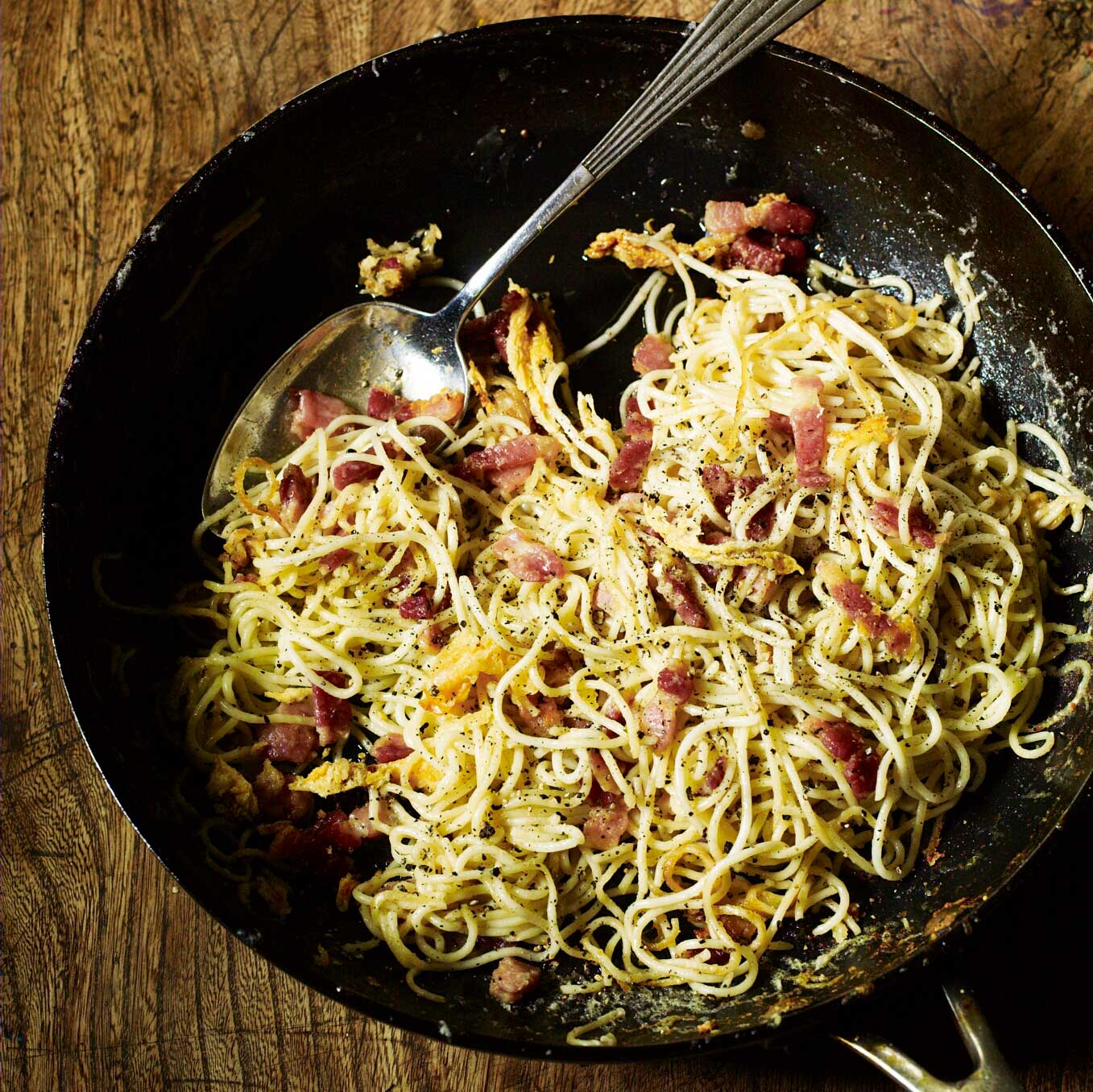 Spaghetti with bacon, garlic, black pepper & sheep’s cheese