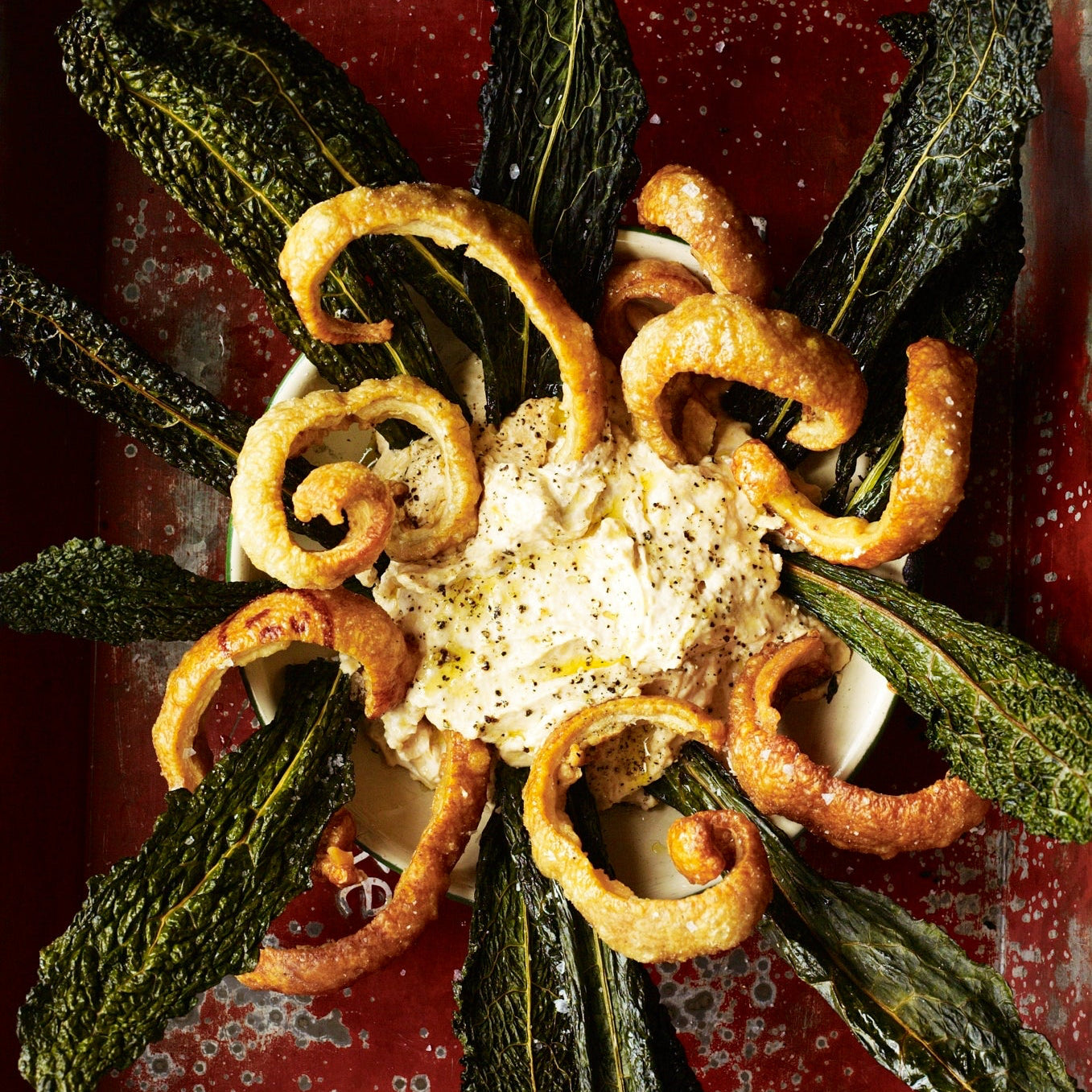 Taramasalata, crackling & kale