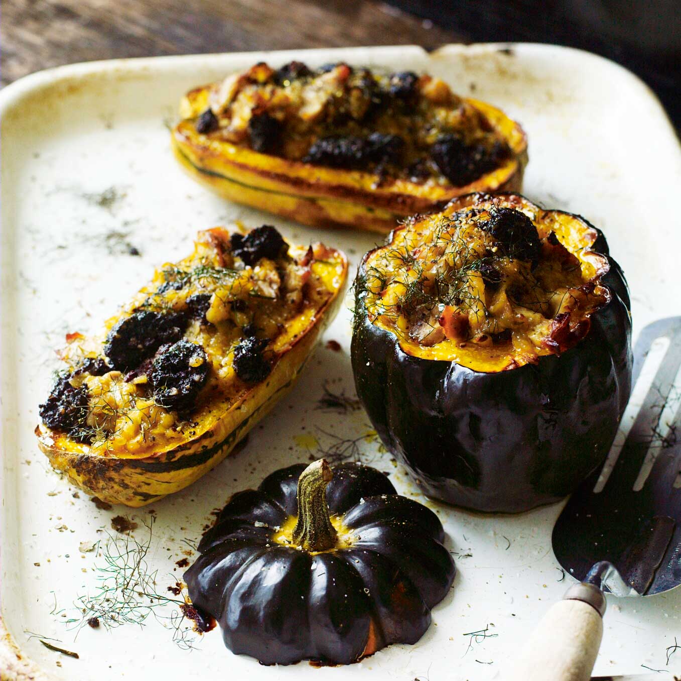 Squash stuffed with lentils, pheasant & black pudding