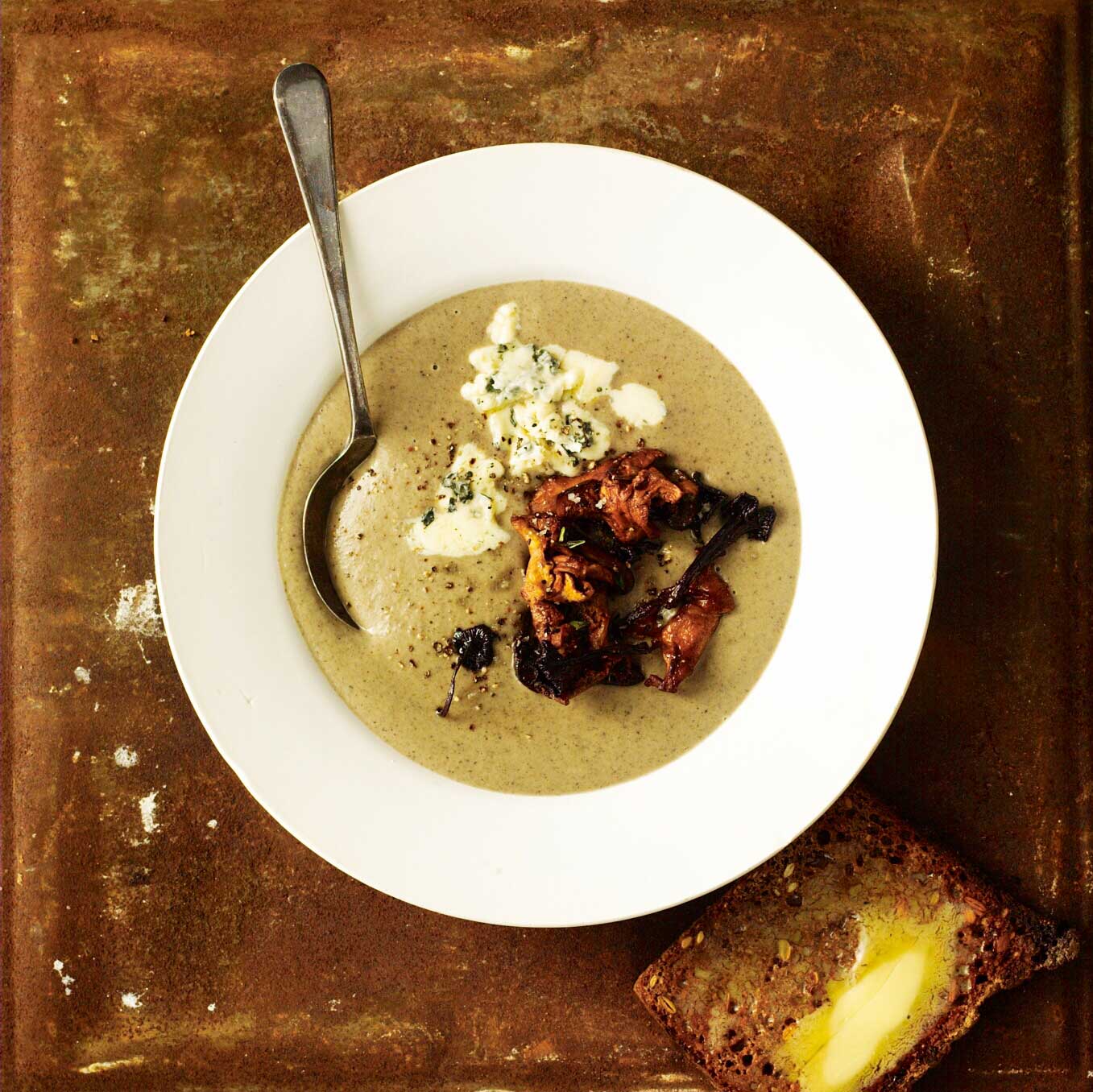 Mushroom, cider & blue cheese soup
