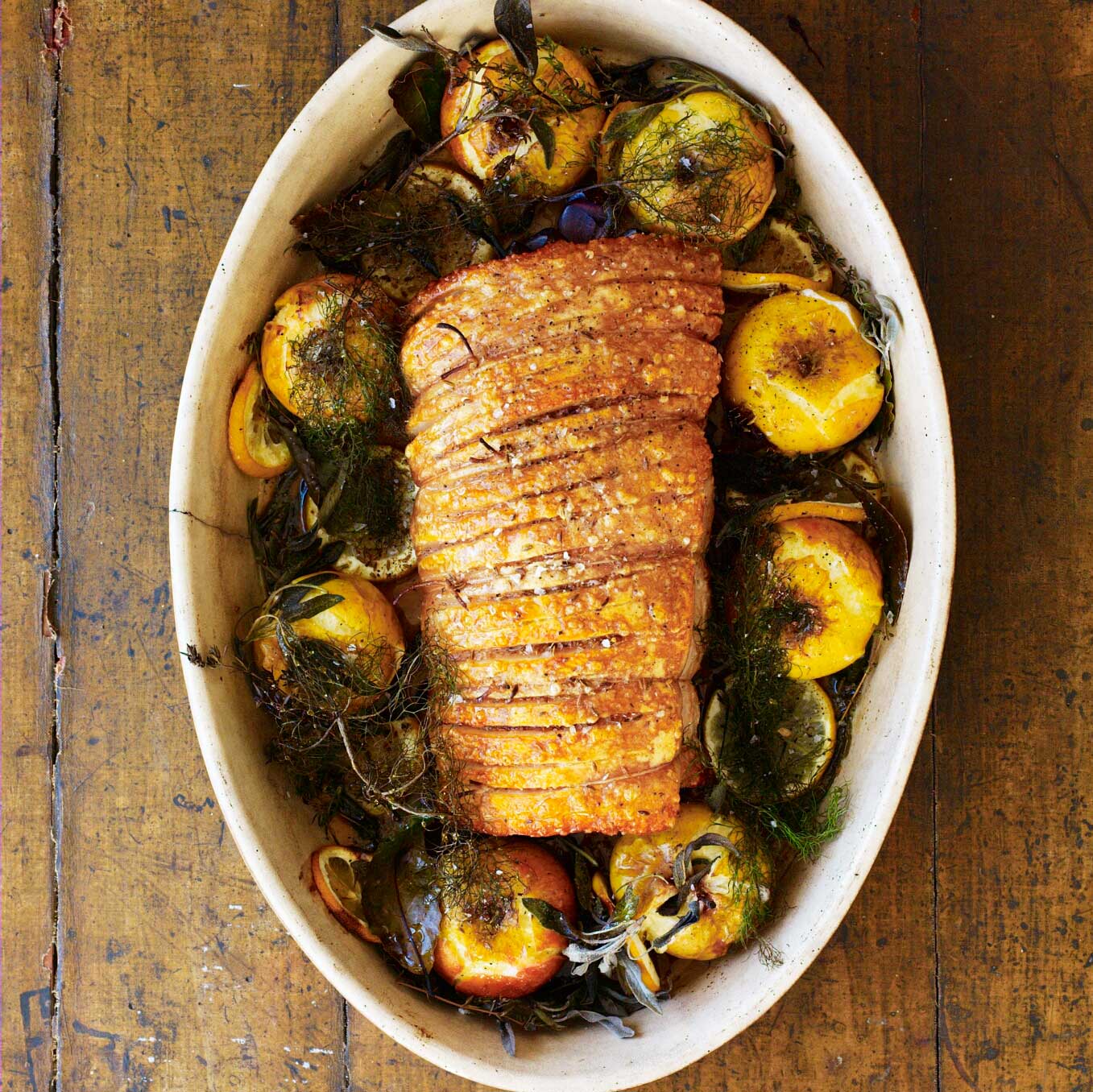 Roast pork & crackling with apples, fennel seed, sage, lemon & thyme