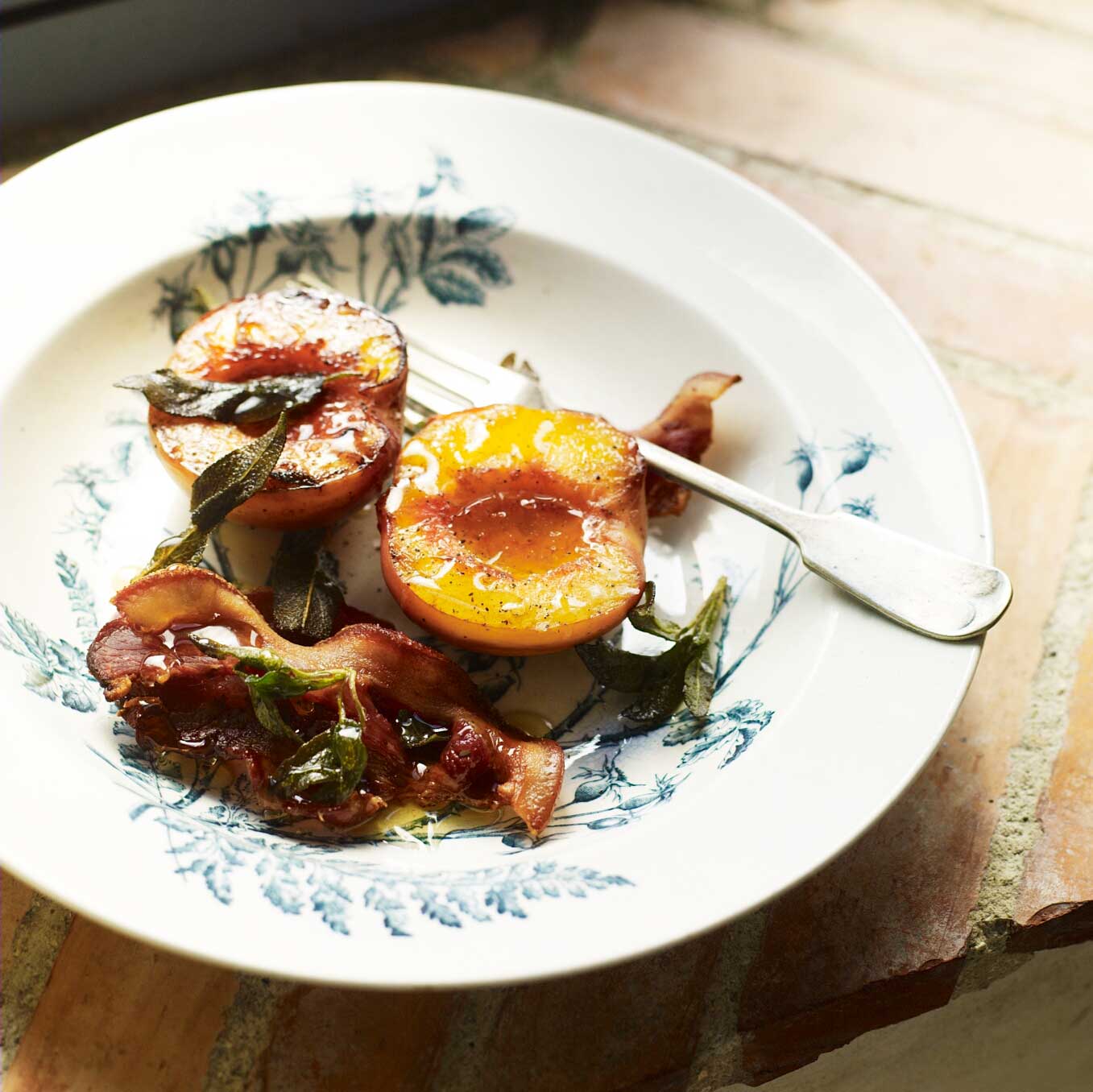 Peaches with sage, smoked bacon & honey