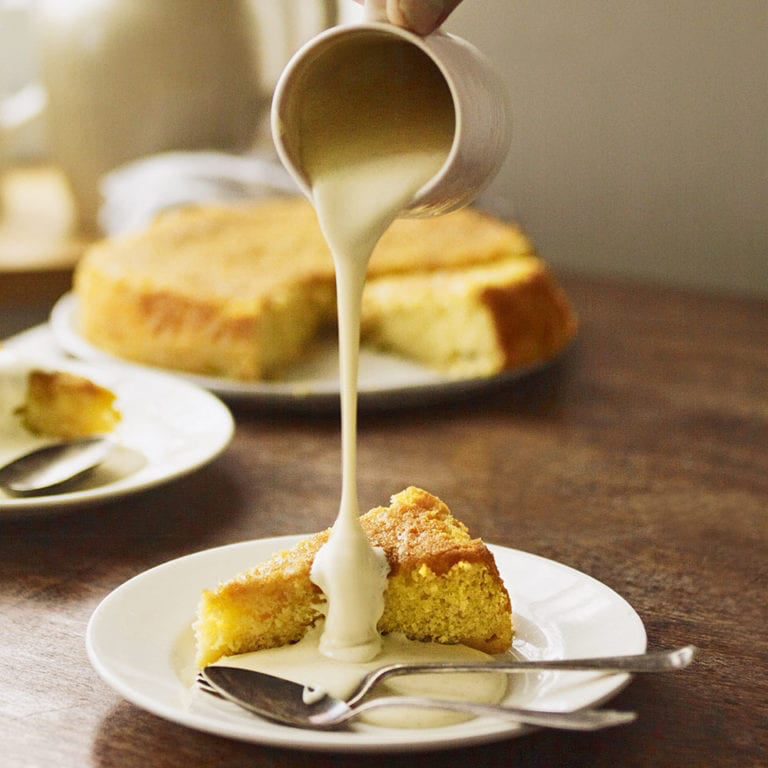 Gooseberry pudding cake with saffron, honey and vanilla custard