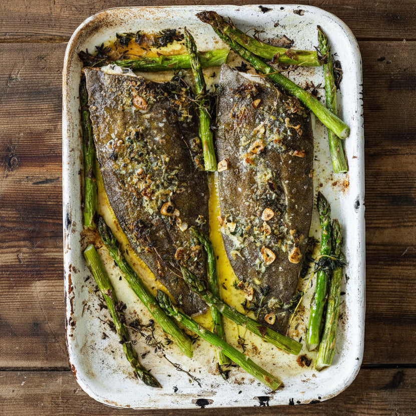Roast Dover sole with roast asparagus, thyme, lemon and butter