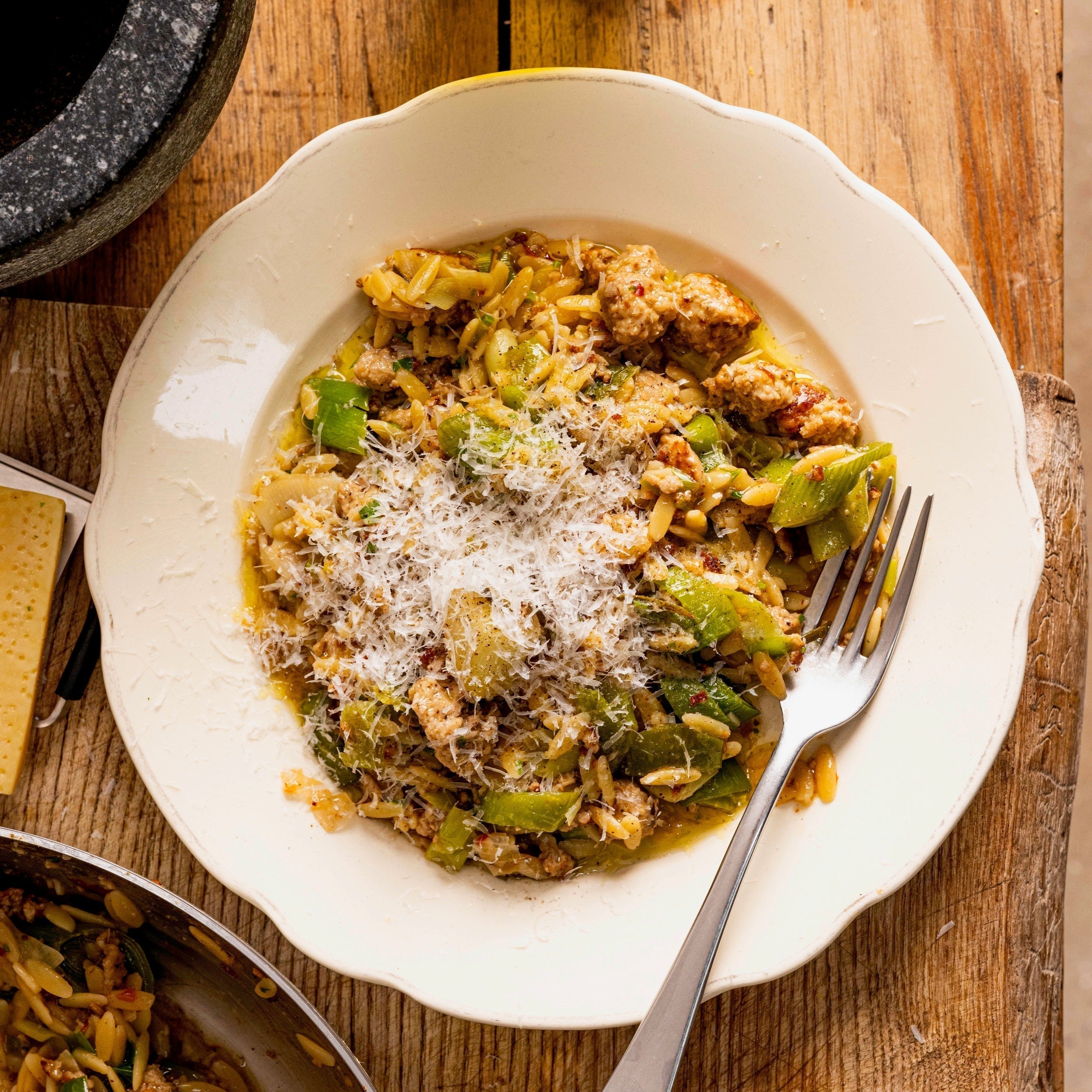 Coco's sausage and leek orzo with fennel seeds and chilli