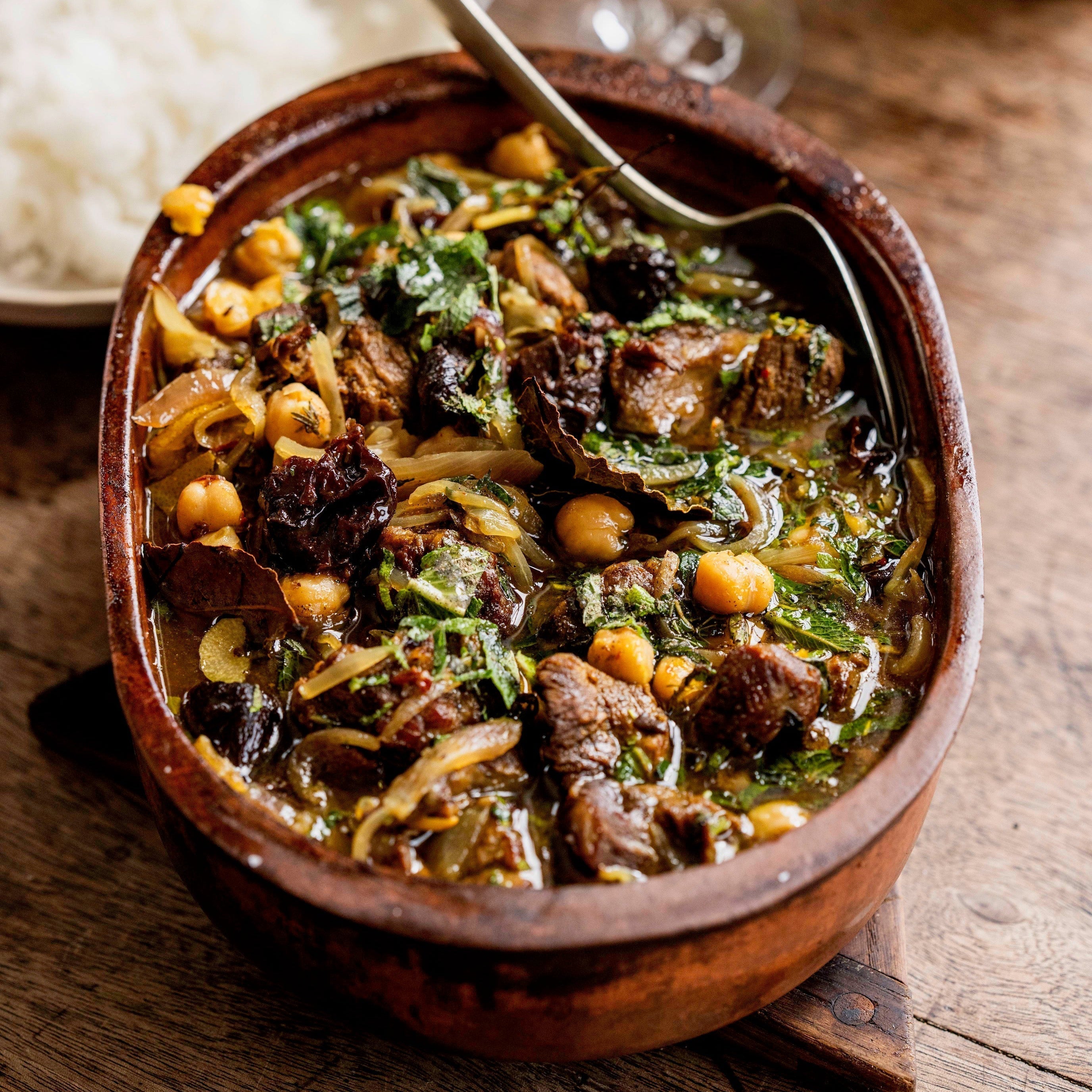 Slow-cooked lamb tagine with chickpeas, prunes, saffron and preserved lemon