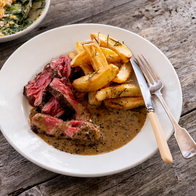Steak and chips with peppercorn sauce