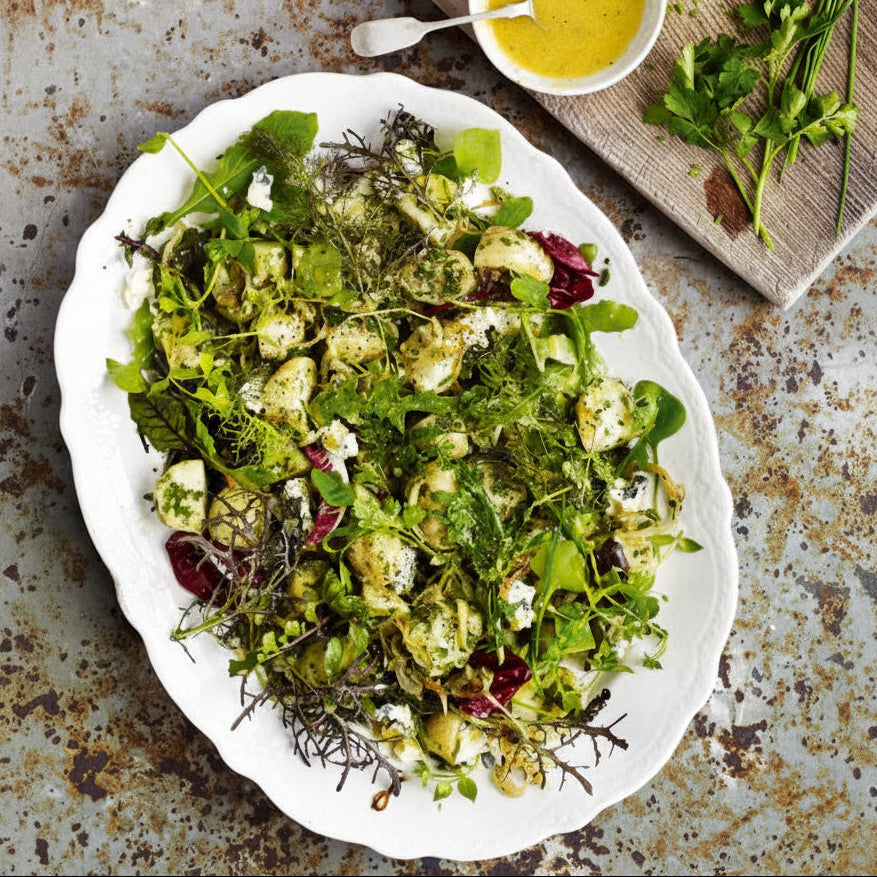Warm new potato salad with fried onions, garlic, chives, parsley and blue cheese